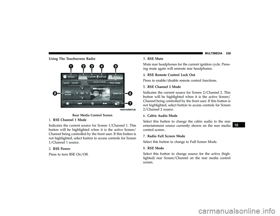 DODGE DURANGO 2019 Owners Manual Using The Touchscreen Radio
1.RSE Channel 1 Mode
Indicates the current source for Screen 1/Channel 1. This
button will be highlighted when it is the active Screen/
Channel being controlled by the fron DODGE DURANGO 2019 Owners Manual Using The Touchscreen Radio
1.RSE Channel 1 Mode
Indicates the current source for Screen 1/Channel 1. This
button will be highlighted when it is the active Screen/
Channel being controlled by the fron