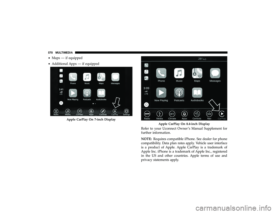 DODGE DURANGO 2019  Owners Manual •Maps — if equipped
• Additional Apps — if equipped
Refer to your Uconnect Owner ’s Manual Supplement for
further information.
NOTE:Requires compatible iPhone. See dealer for phone
compatibi