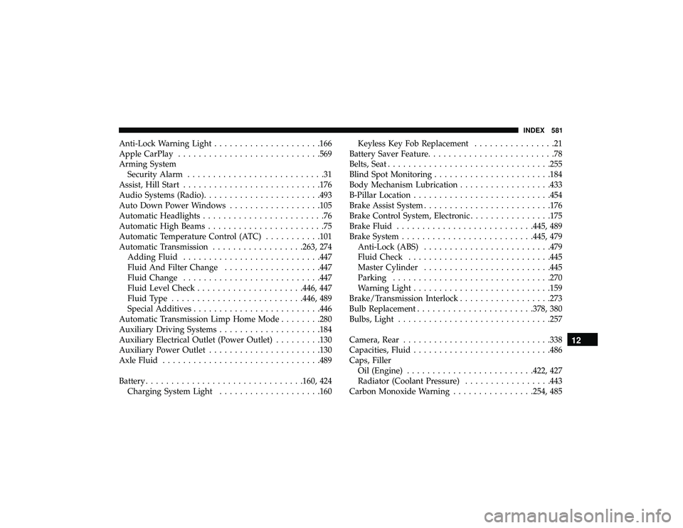 DODGE DURANGO 2019 Owners Guide Anti-Lock Warning Light.....................166
Apple CarPlay ........................... .569
Arming System Security Alarm ...........................31
Assist, Hill Start .......................... DODGE DURANGO 2019 Owners Guide Anti-Lock Warning Light.....................166
Apple CarPlay ........................... .569
Arming System Security Alarm ...........................31
Assist, Hill Start ..........................