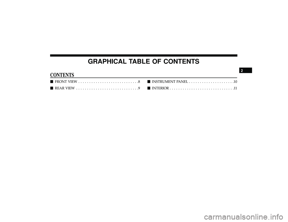 DODGE DURANGO 2019  Owners Manual GRAPHICAL TABLE OF CONTENTS
CONTENTS
FRONT VIEW ............................8
 REAR VIEW .............................9 
INSTRUMENT PANEL .....................10
 INTERIOR ........................