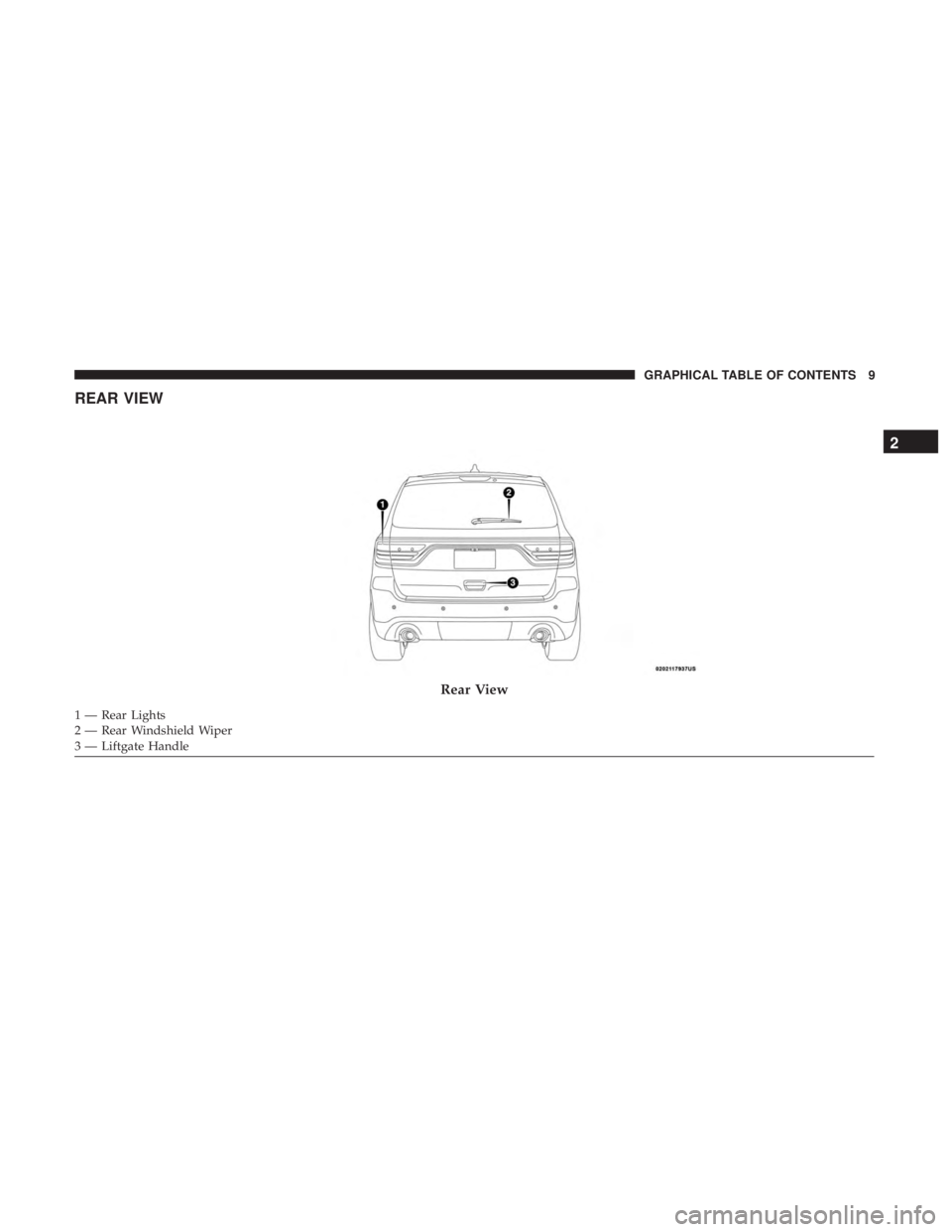 DODGE DURANGO SRT 2019 User Guide REAR VIEW
Rear View
1 — Rear Lights
2 — Rear Windshield Wiper
3 — Liftgate Handle
2
GRAPHICAL TABLE OF CONTENTS 9 