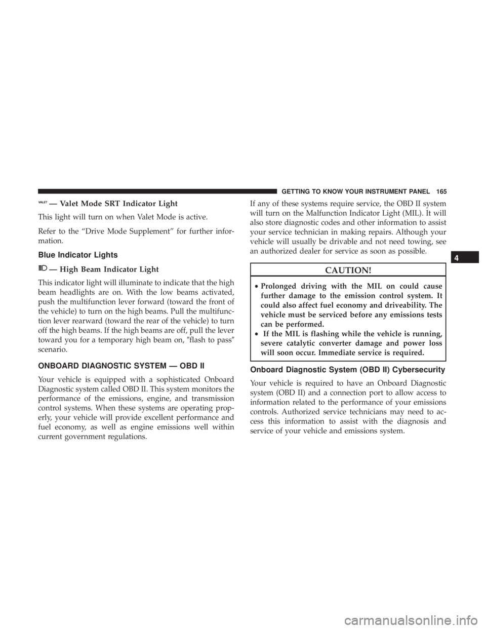 DODGE DURANGO SRT 2019  Owners Manual — Valet Mode SRT Indicator Light
This light will turn on when Valet Mode is active.
Refer to the “Drive Mode Supplement” for further infor-
mation.
Blue Indicator Lights
— High Beam Indicator 