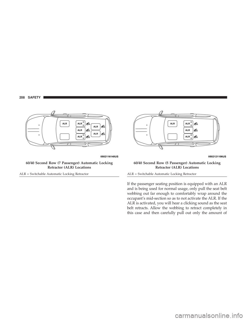 DODGE DURANGO SRT 2019 Owners Manual If the passenger seating position is equipped with an ALR
and is being used for normal usage, only pull the seat belt
webbing out far enough to comfortably wrap around the
occupant’s mid-section so DODGE DURANGO SRT 2019 Owners Manual If the passenger seating position is equipped with an ALR
and is being used for normal usage, only pull the seat belt
webbing out far enough to comfortably wrap around the
occupant’s mid-section so