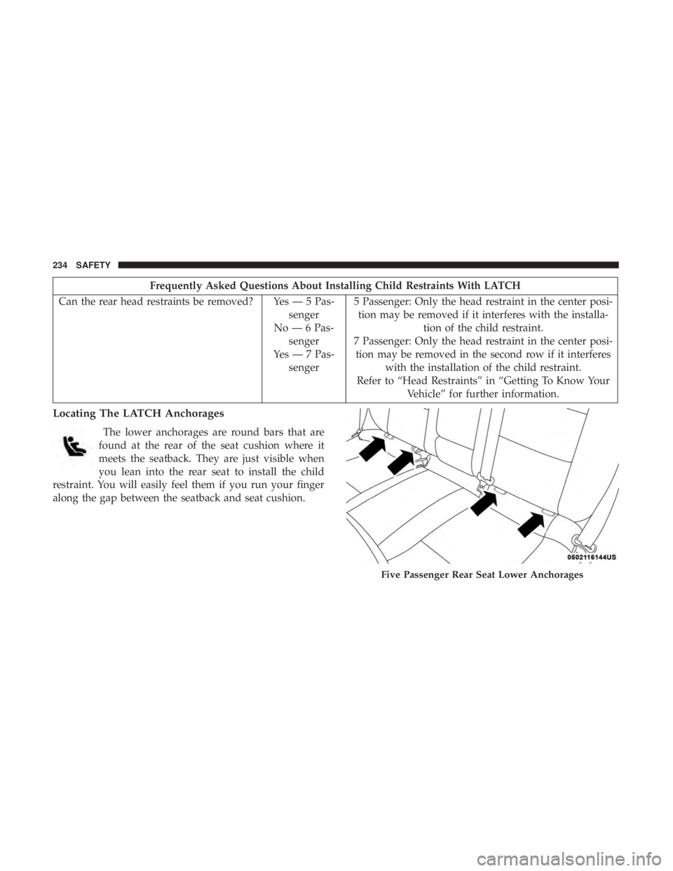 DODGE DURANGO SRT 2019 Owners Manual Frequently Asked Questions About Installing Child Restraints With LATCH
Can the rear head restraints be removed? Yes — 5 Pas- senger
No — 6 Pas- senger
Yes — 7 Pas- senger 5 Passenger: Only the DODGE DURANGO SRT 2019 Owners Manual Frequently Asked Questions About Installing Child Restraints With LATCH
Can the rear head restraints be removed? Yes — 5 Pas- senger
No — 6 Pas- senger
Yes — 7 Pas- senger 5 Passenger: Only the