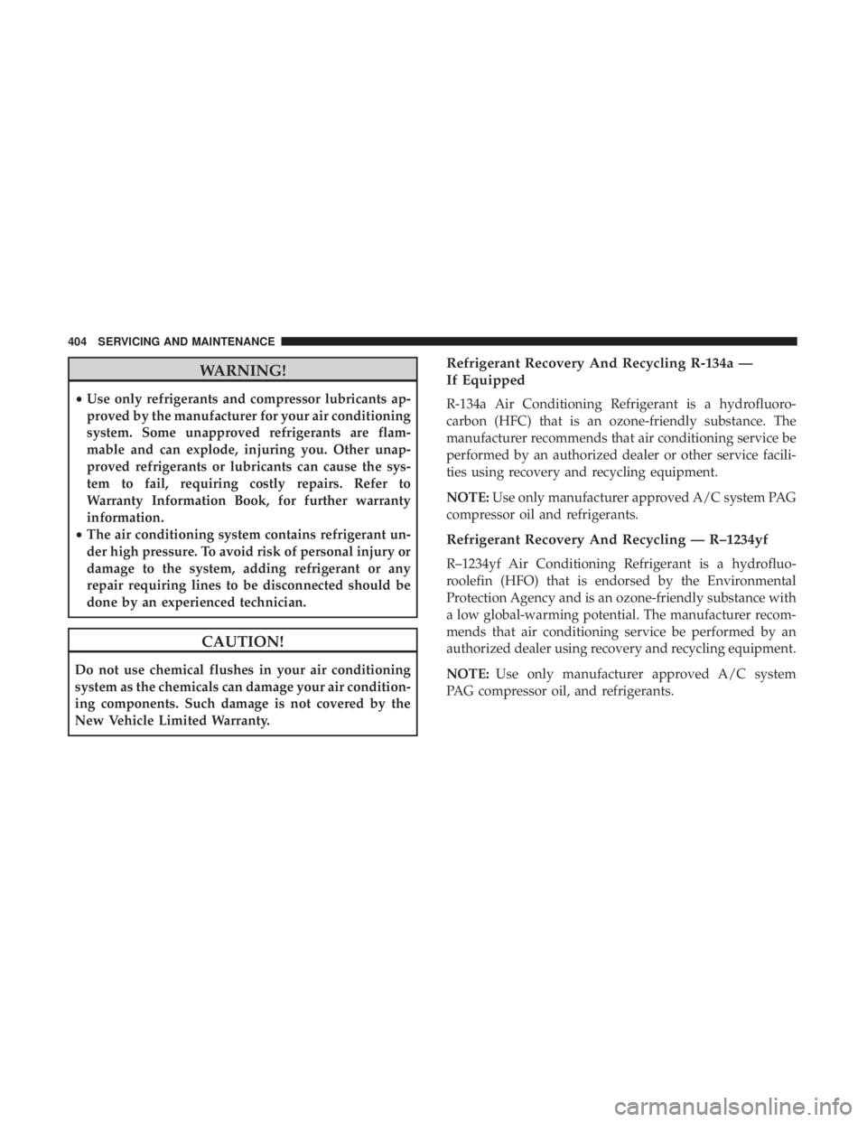DODGE DURANGO SRT 2019 Owners Manual WARNING!
•Use only refrigerants and compressor lubricants ap-
proved by the manufacturer for your air conditioning
system. Some unapproved refrigerants are flam-
mable and can explode, injuring you. DODGE DURANGO SRT 2019 Owners Manual WARNING!
•Use only refrigerants and compressor lubricants ap-
proved by the manufacturer for your air conditioning
system. Some unapproved refrigerants are flam-
mable and can explode, injuring you.