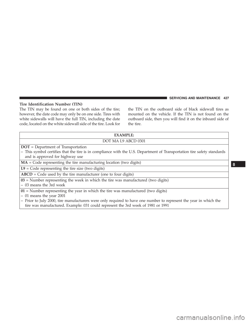 DODGE DURANGO SRT 2019  Owners Manual Tire Identification Number (TIN)
The TIN may be found on one or both sides of the tire;
however, the date code may only be on one side. Tires with
white sidewalls will have the full TIN, including the