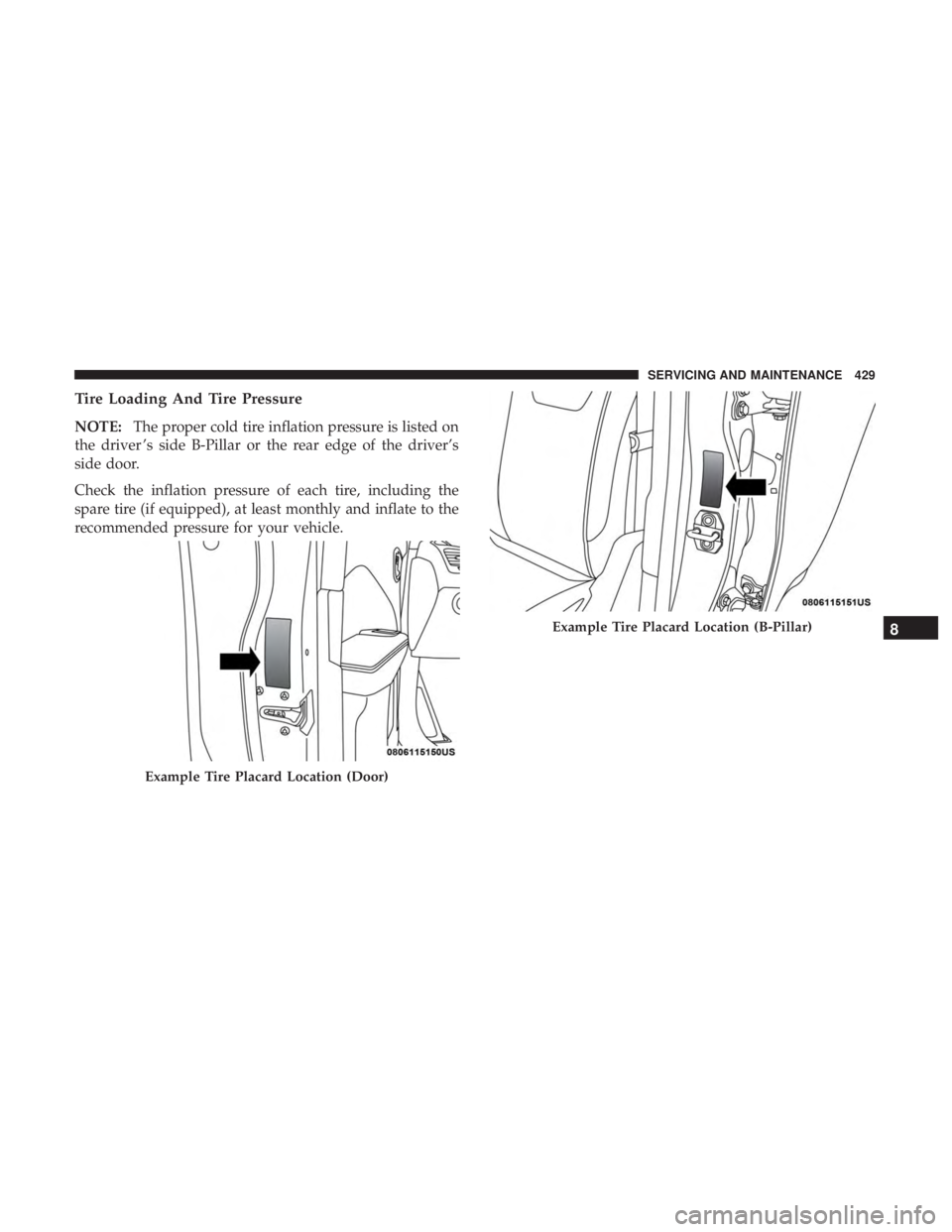 DODGE DURANGO SRT 2019 Owners Manual Tire Loading And Tire Pressure
NOTE:The proper cold tire inflation pressure is listed on
the driver ’s side B-Pillar or the rear edge of the driver’s
side door.
Check the inflation pressure of eac DODGE DURANGO SRT 2019 Owners Manual Tire Loading And Tire Pressure
NOTE:The proper cold tire inflation pressure is listed on
the driver ’s side B-Pillar or the rear edge of the driver’s
side door.
Check the inflation pressure of eac