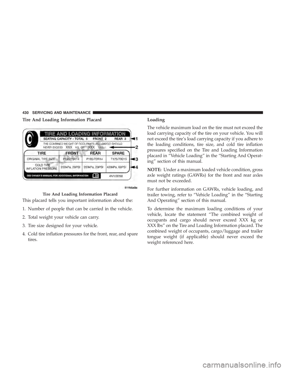 DODGE DURANGO SRT 2019 Owners Manual Tire And Loading Information Placard
This placard tells you important information about the:
1. Number of people that can be carried in the vehicle.
2. Total weight your vehicle can carry.
3. Tire siz DODGE DURANGO SRT 2019 Owners Manual Tire And Loading Information Placard
This placard tells you important information about the:
1. Number of people that can be carried in the vehicle.
2. Total weight your vehicle can carry.
3. Tire siz