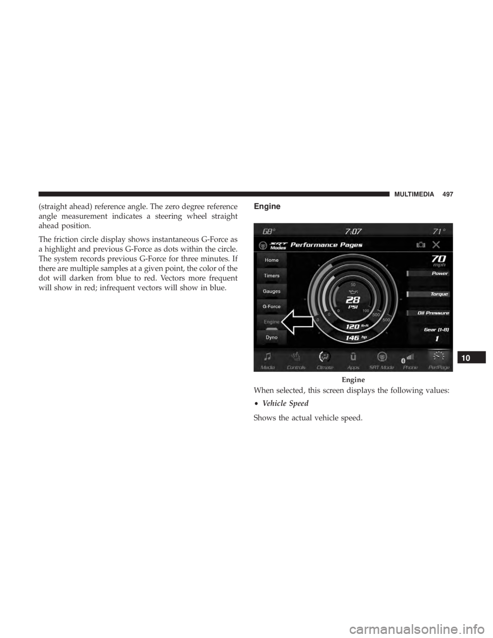 DODGE DURANGO SRT 2019  Owners Manual (straight ahead) reference angle. The zero degree reference
angle measurement indicates a steering wheel straight
ahead position.
The friction circle display shows instantaneous G-Force as
a highlight