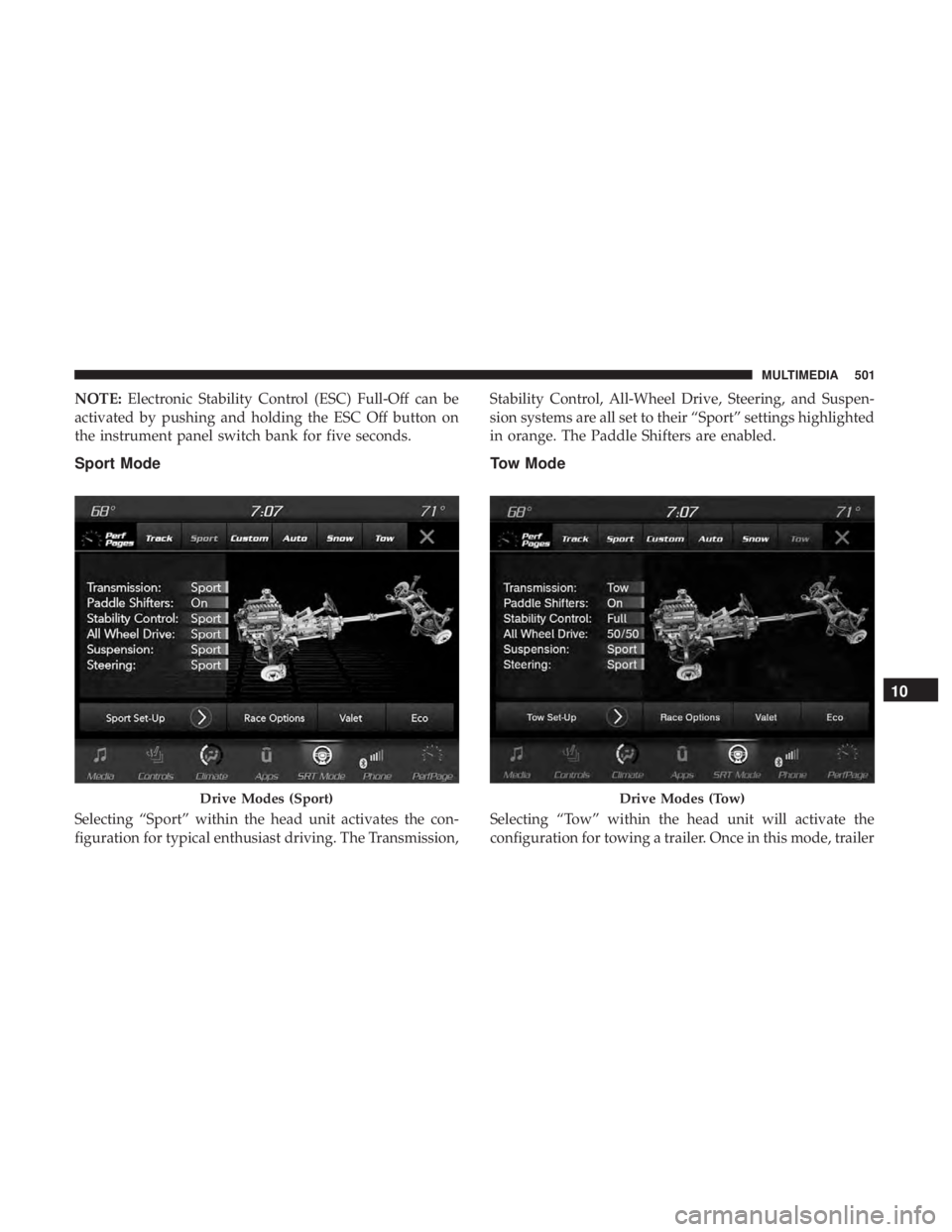 DODGE DURANGO SRT 2019 Owners Manual NOTE:Electronic Stability Control (ESC) Full-Off can be
activated by pushing and holding the ESC Off button on
the instrument panel switch bank for five seconds.
Sport Mode
Selecting “Sport” withi DODGE DURANGO SRT 2019 Owners Manual NOTE:Electronic Stability Control (ESC) Full-Off can be
activated by pushing and holding the ESC Off button on
the instrument panel switch bank for five seconds.
Sport Mode
Selecting “Sport” withi