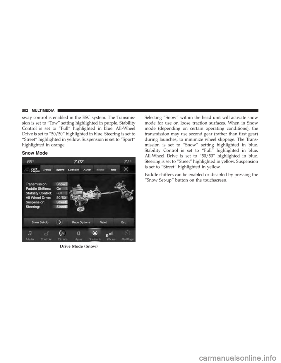 DODGE DURANGO SRT 2019 Owners Manual sway control is enabled in the ESC system. The Transmis-
sion is set to “Tow” setting highlighted in purple. Stability
Control is set to “Full” highlighted in blue. All-Wheel
Drive is set to DODGE DURANGO SRT 2019 Owners Manual sway control is enabled in the ESC system. The Transmis-
sion is set to “Tow” setting highlighted in purple. Stability
Control is set to “Full” highlighted in blue. All-Wheel
Drive is set to