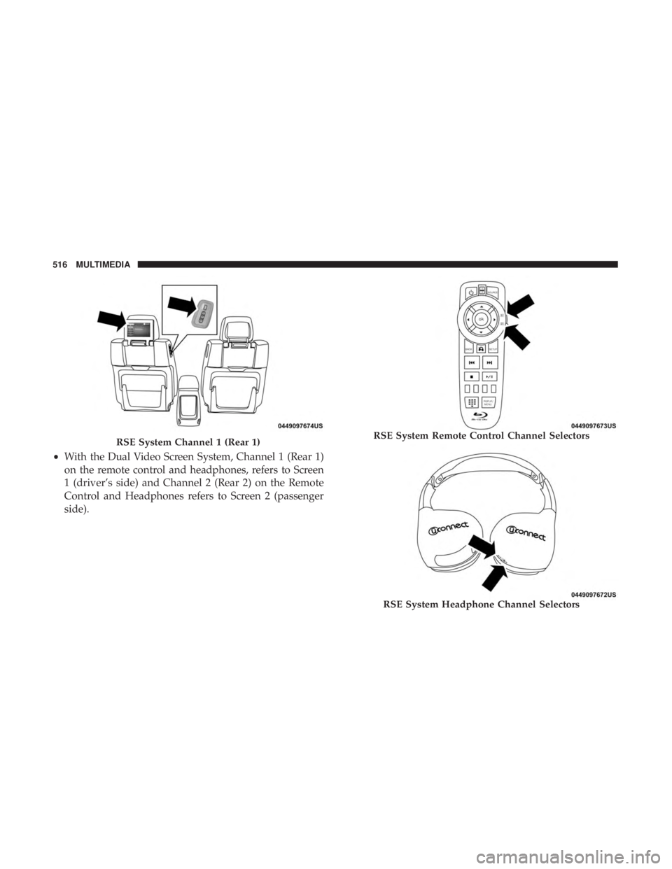 DODGE DURANGO SRT 2019  Owners Manual •With the Dual Video Screen System, Channel 1 (Rear 1)
on the remote control and headphones, refers to Screen
1 (driver’s side) and Channel 2 (Rear 2) on the Remote
Control and Headphones refers t