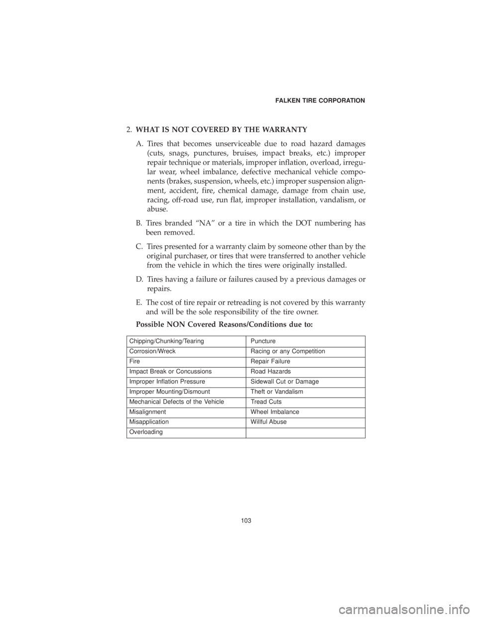 DODGE DURANGO SRT 2019 Vehicle Warranty 2.WHAT IS NOT COVERED BY THE WARRANTY
A. Tires that becomes unserviceable due to road hazard damages (cuts, snags, punctures, bruises, impact breaks, etc.) improper
repair technique or materials, impr DODGE DURANGO SRT 2019 Vehicle Warranty 2.WHAT IS NOT COVERED BY THE WARRANTY
A. Tires that becomes unserviceable due to road hazard damages (cuts, snags, punctures, bruises, impact breaks, etc.) improper
repair technique or materials, impr