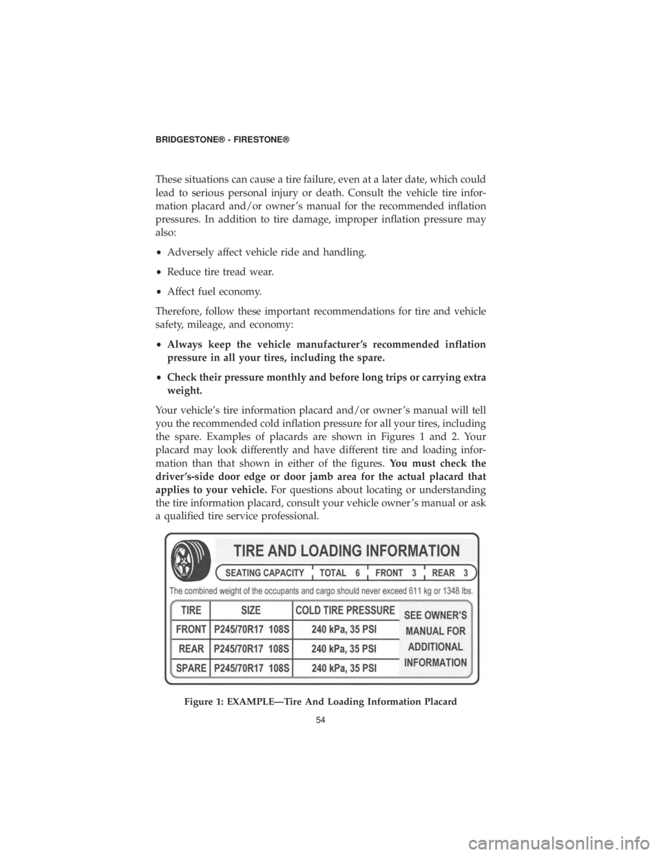 DODGE DURANGO SRT 2019  Vehicle Warranty These situations can cause a tire failure, even at a later date, which could
lead to serious personal injury or death. Consult the vehicle tire infor-
mation placard and/or owner ’s manual for the r