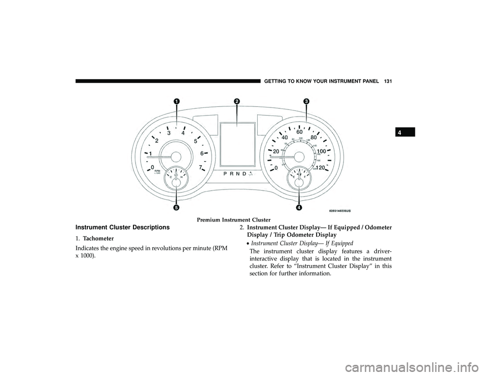DODGE GRAND CARAVAN 2019  Owners Manual Instrument Cluster Descriptions
1.Tachometer
Indicates the engine speed in revolutions per minute (RPM
x 1000). 2.
Instrument Cluster Display— If Equipped / Odometer
Display / Trip Odometer Display
