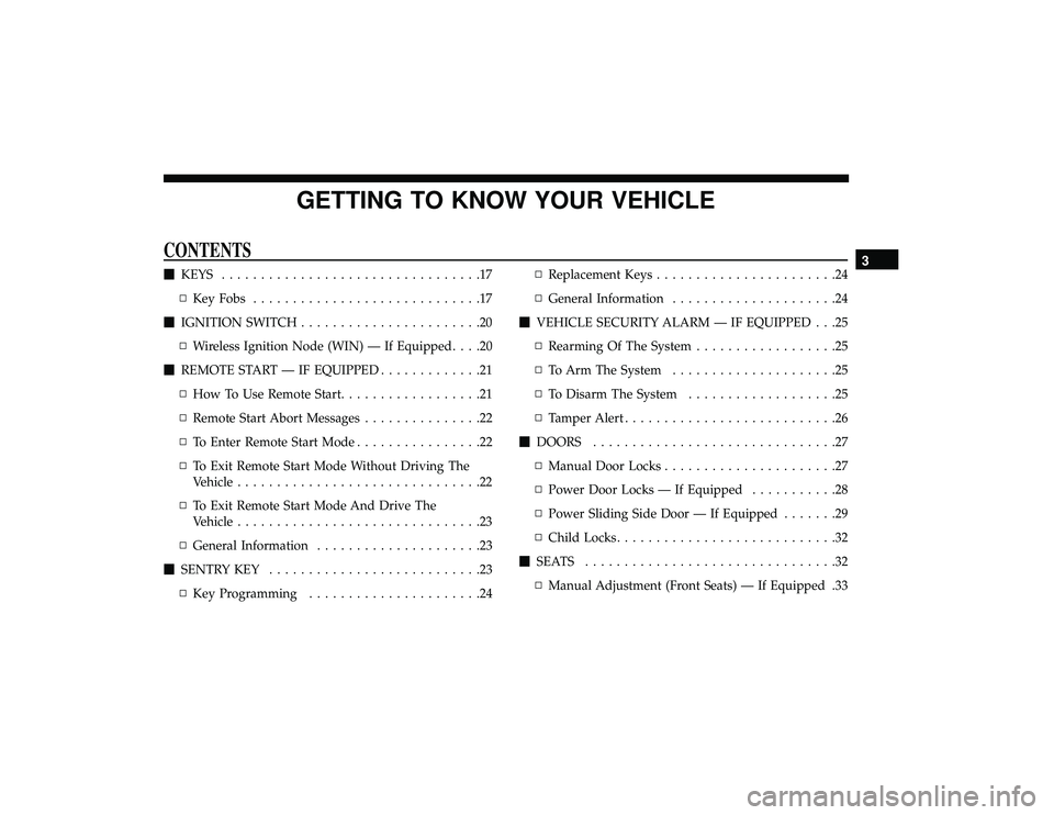 DODGE GRAND CARAVAN 2019  Owners Manual GETTING TO KNOW YOUR VEHICLE
CONTENTS
KEYS .................................17
▫ Key Fobs .............................17
 IGNITION SWITCH .......................20
▫ Wireless Ignition Node (WIN