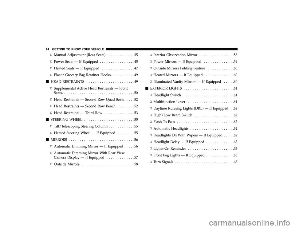DODGE GRAND CARAVAN 2019 Owners Manual ▫Manual Adjustment (Rear Seats) .............35
▫ Power Seats — If Equipped ................45
▫ Heated Seats — If Equipped ...............47
▫ Plastic Grocery Bag Retainer Hooks ......... DODGE GRAND CARAVAN 2019 Owners Manual ▫Manual Adjustment (Rear Seats) .............35
▫ Power Seats — If Equipped ................45
▫ Heated Seats — If Equipped ...............47
▫ Plastic Grocery Bag Retainer Hooks .........