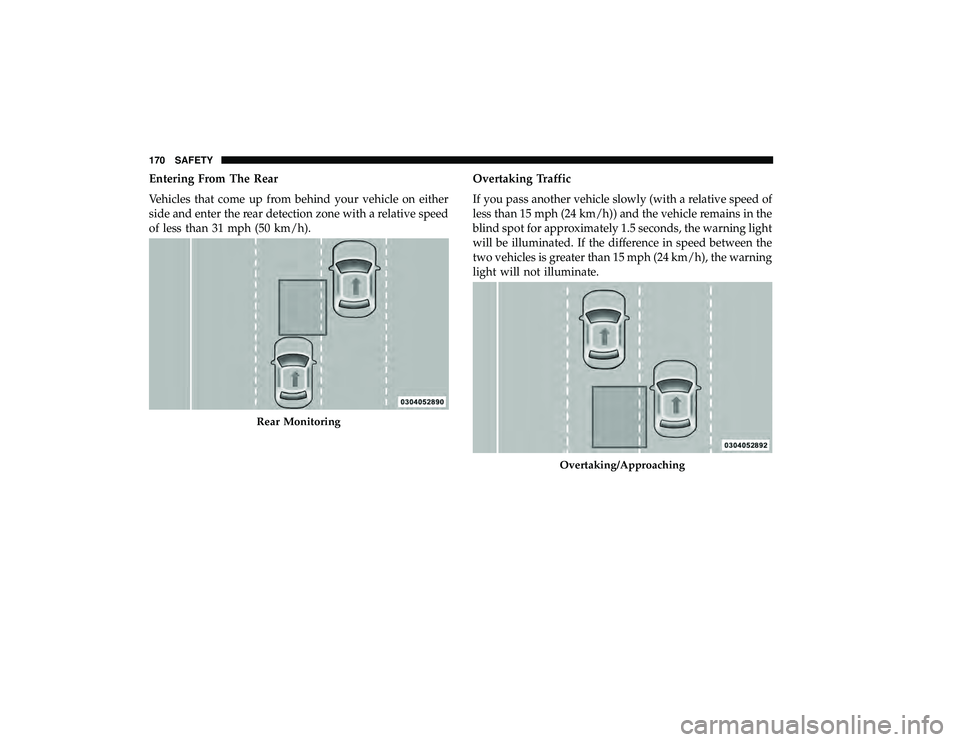 DODGE GRAND CARAVAN 2019 Owners Manual Entering From The Rear
Vehicles that come up from behind your vehicle on either
side and enter the rear detection zone with a relative speed
of less than 31 mph (50 km/h).Overtaking Traffic
If you pas DODGE GRAND CARAVAN 2019 Owners Manual Entering From The Rear
Vehicles that come up from behind your vehicle on either
side and enter the rear detection zone with a relative speed
of less than 31 mph (50 km/h).Overtaking Traffic
If you pas