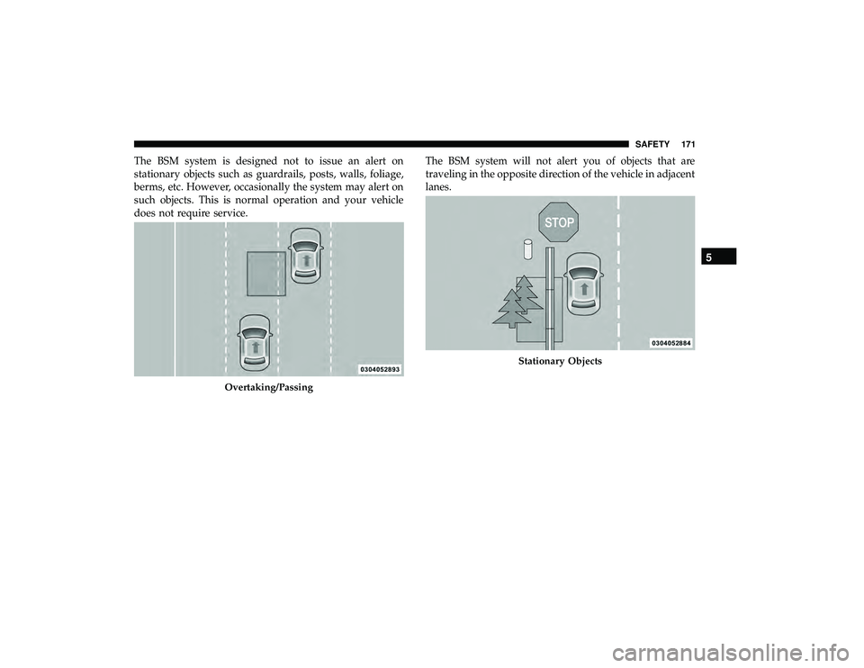 DODGE GRAND CARAVAN 2019 Owners Manual The BSM system is designed not to issue an alert on
stationary objects such as guardrails, posts, walls, foliage,
berms, etc. However, occasionally the system may alert on
such objects. This is normal DODGE GRAND CARAVAN 2019 Owners Manual The BSM system is designed not to issue an alert on
stationary objects such as guardrails, posts, walls, foliage,
berms, etc. However, occasionally the system may alert on
such objects. This is normal