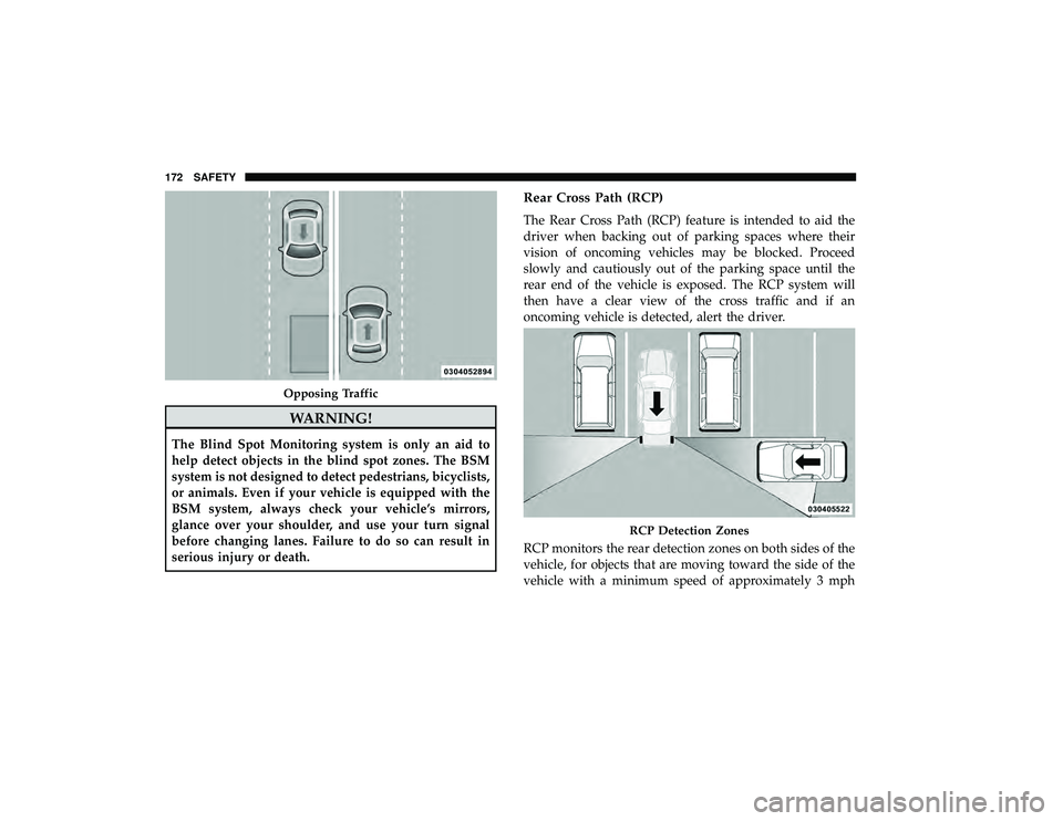 DODGE GRAND CARAVAN 2019 Owners Manual WARNING!
The Blind Spot Monitoring system is only an aid to
help detect objects in the blind spot zones. The BSM
system is not designed to detect pedestrians, bicyclists,
or animals. Even if your vehi DODGE GRAND CARAVAN 2019 Owners Manual WARNING!
The Blind Spot Monitoring system is only an aid to
help detect objects in the blind spot zones. The BSM
system is not designed to detect pedestrians, bicyclists,
or animals. Even if your vehi