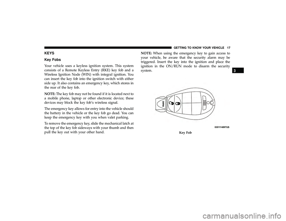 DODGE GRAND CARAVAN 2019 User Guide KEYS
Key Fobs
Your vehicle uses a keyless ignition system. This system
consists of a Remote Keyless Entry (RKE) key fob and a
Wireless Ignition Node (WIN) with integral ignition. You
can insert the ke