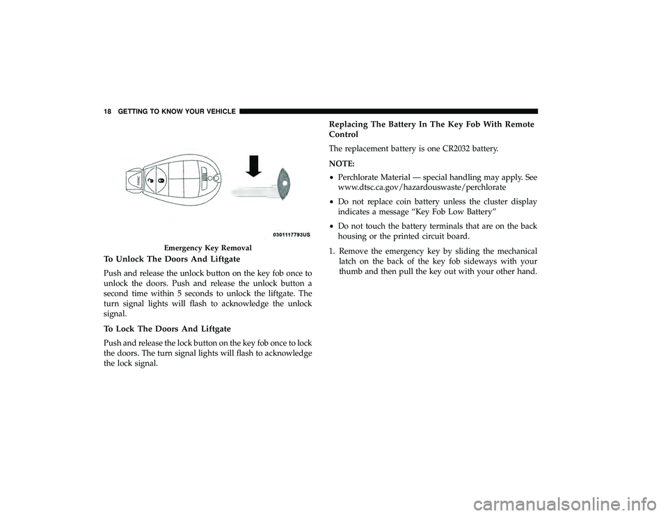 DODGE GRAND CARAVAN 2019 Owners Manual To Unlock The Doors And Liftgate
Push and release the unlock button on the key fob once to
unlock the doors. Push and release the unlock button a
second time within 5 seconds to unlock the liftgate. T DODGE GRAND CARAVAN 2019 Owners Manual To Unlock The Doors And Liftgate
Push and release the unlock button on the key fob once to
unlock the doors. Push and release the unlock button a
second time within 5 seconds to unlock the liftgate. T