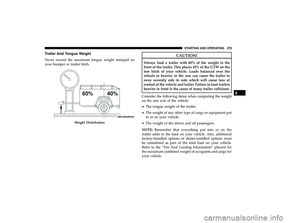 DODGE GRAND CARAVAN 2019 Owners Manual Trailer And Tongue Weight
Never exceed the maximum tongue weight stamped on
your bumper or trailer hitch.
CAUTION!
Always load a trailer with 60% of the weight in the
front of the trailer. This places DODGE GRAND CARAVAN 2019 Owners Manual Trailer And Tongue Weight
Never exceed the maximum tongue weight stamped on
your bumper or trailer hitch.
CAUTION!
Always load a trailer with 60% of the weight in the
front of the trailer. This places