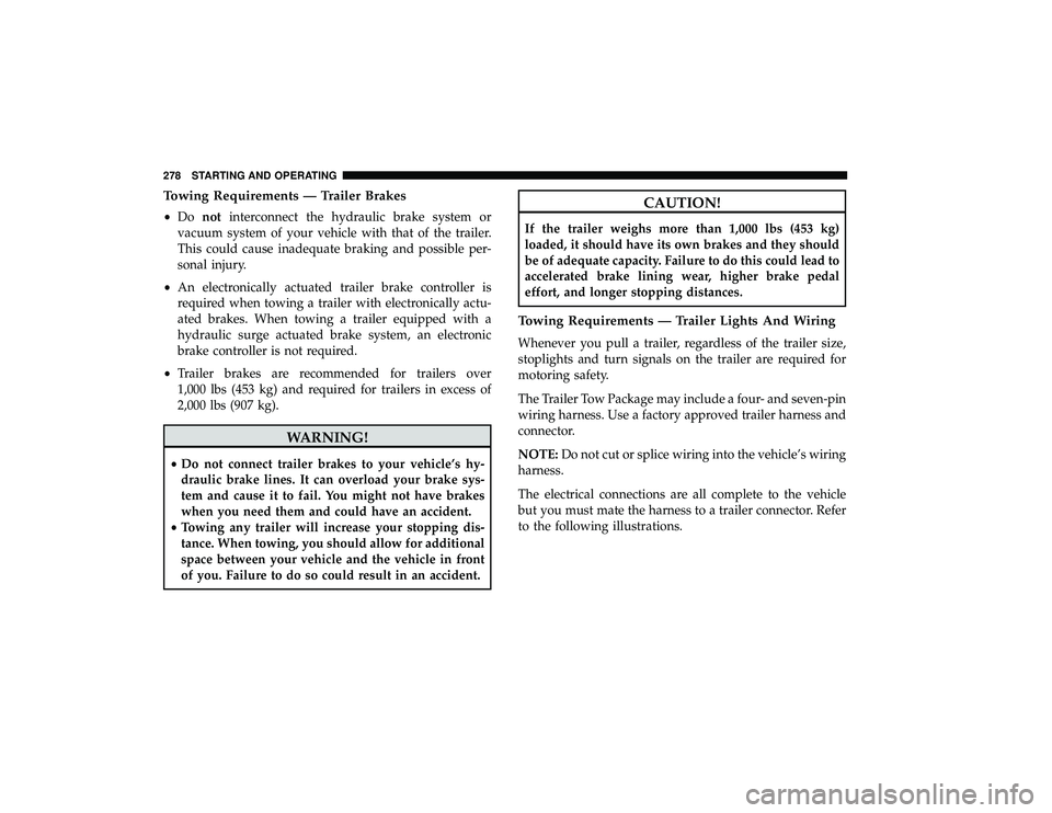 DODGE GRAND CARAVAN 2019 Owners Manual Towing Requirements — Trailer Brakes
•Do not interconnect the hydraulic brake system or
vacuum system of your vehicle with that of the trailer.
This could cause inadequate braking and possible per DODGE GRAND CARAVAN 2019 Owners Manual Towing Requirements — Trailer Brakes
•Do not interconnect the hydraulic brake system or
vacuum system of your vehicle with that of the trailer.
This could cause inadequate braking and possible per