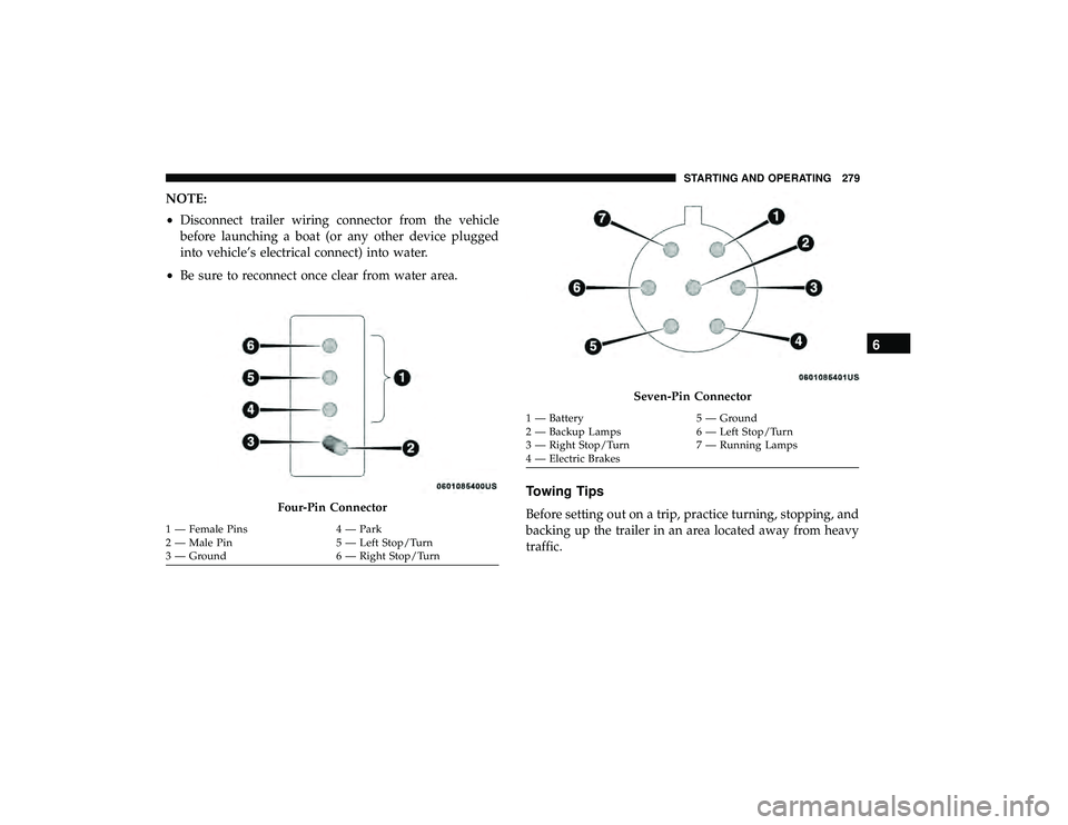 DODGE GRAND CARAVAN 2019  Owners Manual NOTE:
•Disconnect trailer wiring connector from the vehicle
before launching a boat (or any other device plugged
into vehicle’s electrical connect) into water.
• Be sure to reconnect once clear 