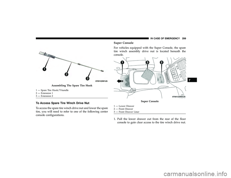 DODGE GRAND CARAVAN 2019  Owners Manual To Access Spare Tire Winch Drive Nut
To access the spare tire winch drive nut and lower the spare
tire, you will need to refer to one of the following center
console configurations.
Super Console
For 