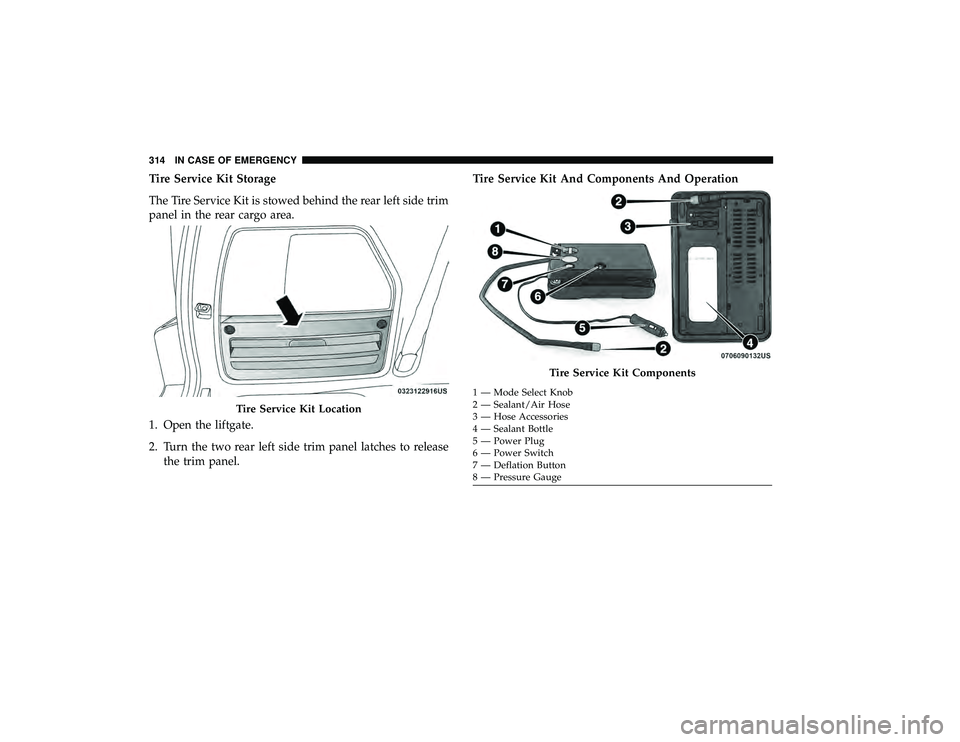 DODGE GRAND CARAVAN 2019 Owners Manual Tire Service Kit Storage
The Tire Service Kit is stowed behind the rear left side trim
panel in the rear cargo area.
1. Open the liftgate.
2. Turn the two rear left side trim panel latches to releaset DODGE GRAND CARAVAN 2019 Owners Manual Tire Service Kit Storage
The Tire Service Kit is stowed behind the rear left side trim
panel in the rear cargo area.
1. Open the liftgate.
2. Turn the two rear left side trim panel latches to releaset