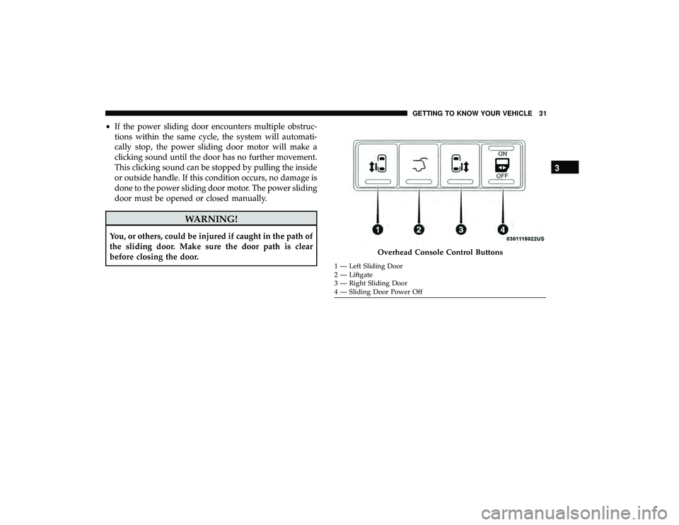 DODGE GRAND CARAVAN 2019 Owners Guide •If the power sliding door encounters multiple obstruc-
tions within the same cycle, the system will automati-
cally stop, the power sliding door motor will make a
clicking sound until the door has DODGE GRAND CARAVAN 2019 Owners Guide •If the power sliding door encounters multiple obstruc-
tions within the same cycle, the system will automati-
cally stop, the power sliding door motor will make a
clicking sound until the door has