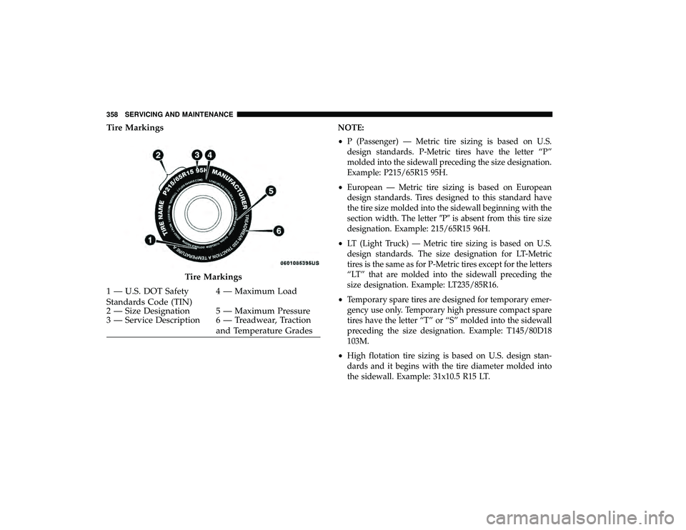 DODGE GRAND CARAVAN 2019 Owners Manual Tire MarkingsNOTE:
•P (Passenger) — Metric tire sizing is based on U.S.
design standards. P-Metric tires have the letter “P”
molded into the sidewall preceding the size designation.
Example: P DODGE GRAND CARAVAN 2019 Owners Manual Tire MarkingsNOTE:
•P (Passenger) — Metric tire sizing is based on U.S.
design standards. P-Metric tires have the letter “P”
molded into the sidewall preceding the size designation.
Example: P
