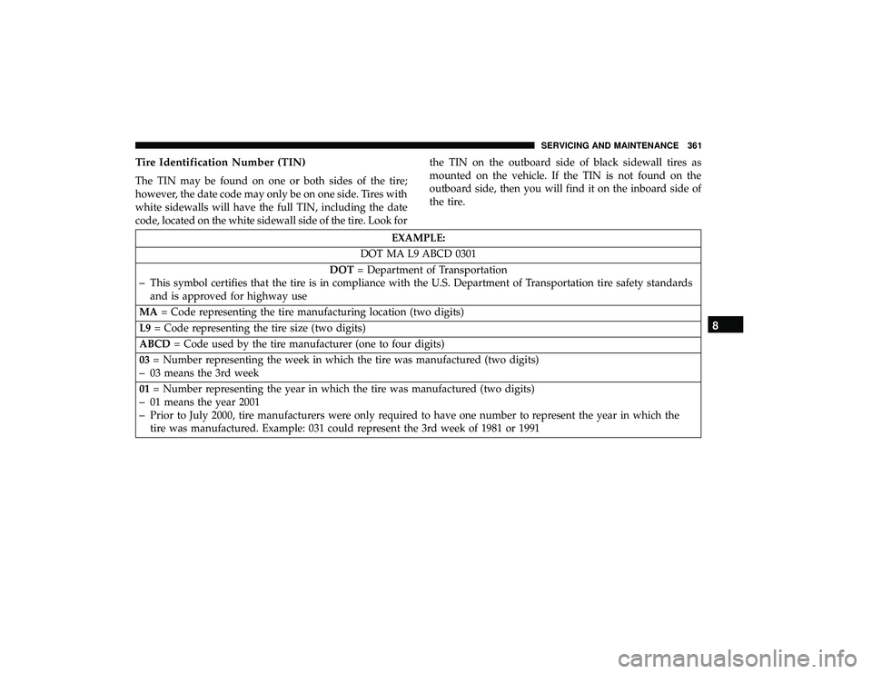 DODGE GRAND CARAVAN 2019  Owners Manual Tire Identification Number (TIN)
The TIN may be found on one or both sides of the tire;
however, the date code may only be on one side. Tires with
white sidewalls will have the full TIN, including the