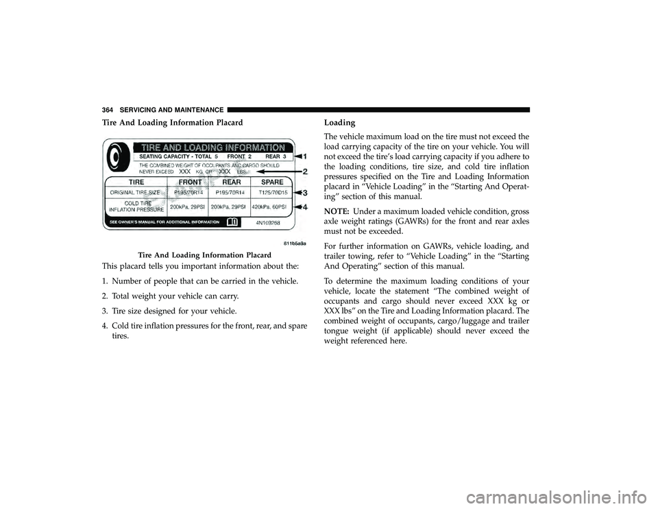 DODGE GRAND CARAVAN 2019  Owners Manual Tire And Loading Information Placard
This placard tells you important information about the:
1. Number of people that can be carried in the vehicle.
2. Total weight your vehicle can carry.
3. Tire siz