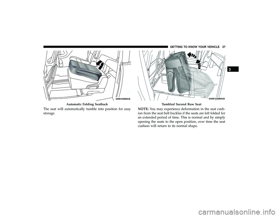 DODGE GRAND CARAVAN 2019 Owners Guide The seat will automatically tumble into position for easy
storage.NOTE:
You may experience deformation in the seat cush-
ion from the seat belt buckles if the seats are left folded for
an extended per DODGE GRAND CARAVAN 2019 Owners Guide The seat will automatically tumble into position for easy
storage.NOTE:
You may experience deformation in the seat cush-
ion from the seat belt buckles if the seats are left folded for
an extended per