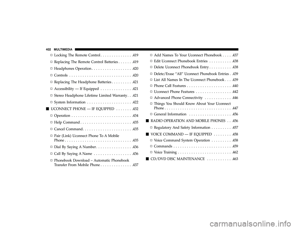 DODGE GRAND CARAVAN 2019  Owners Manual ▫Locking The Remote Control ...............419
▫ Replacing The Remote Control Batteries .......419
▫ Headphones Operation .................. .420
▫ Controls ............................ .420
