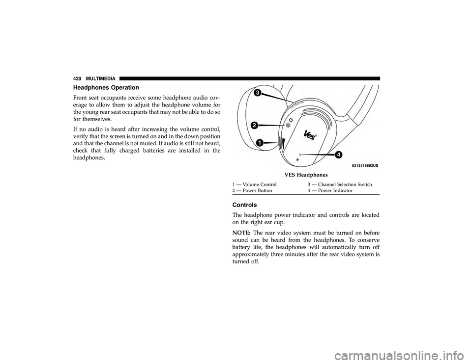 DODGE GRAND CARAVAN 2019  Owners Manual Headphones Operation
Front seat occupants receive some headphone audio cov-
erage to allow them to adjust the headphone volume for
the young rear seat occupants that may not be able to do so
for thems