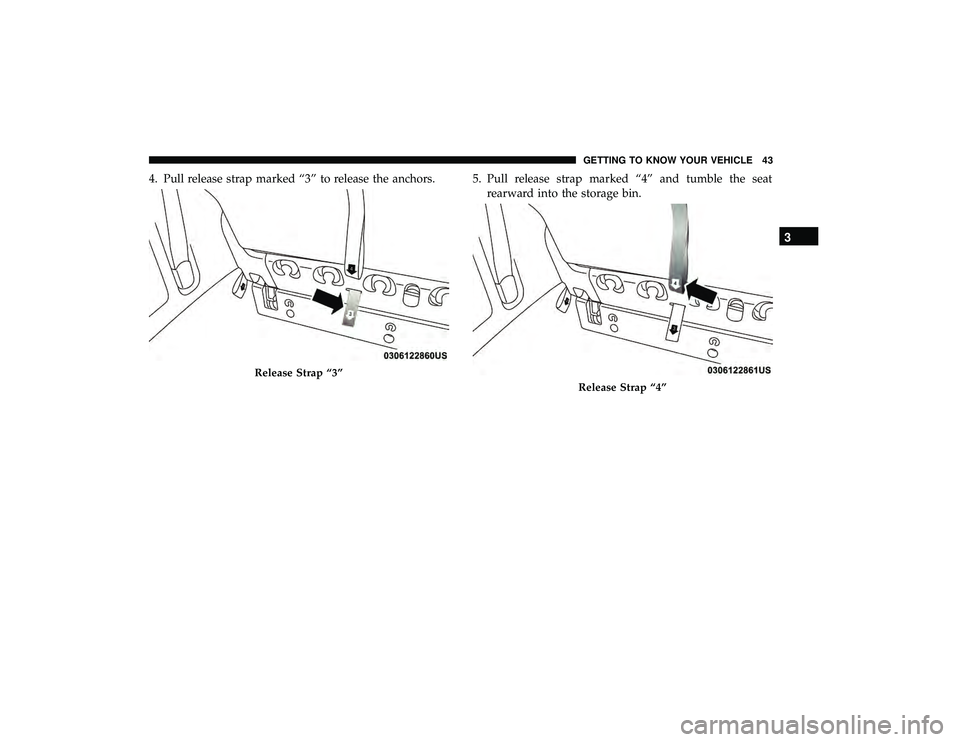 DODGE GRAND CARAVAN 2019 Service Manual 4. Pull release strap marked “3” to release the anchors. 5. Pull release strap marked “4” and tumble the seatrearward into the storage bin.
Release Strap “3”
Release Strap “4”
3
GETTIN DODGE GRAND CARAVAN 2019 Service Manual 4. Pull release strap marked “3” to release the anchors. 5. Pull release strap marked “4” and tumble the seatrearward into the storage bin.
Release Strap “3”
Release Strap “4”
3
GETTIN