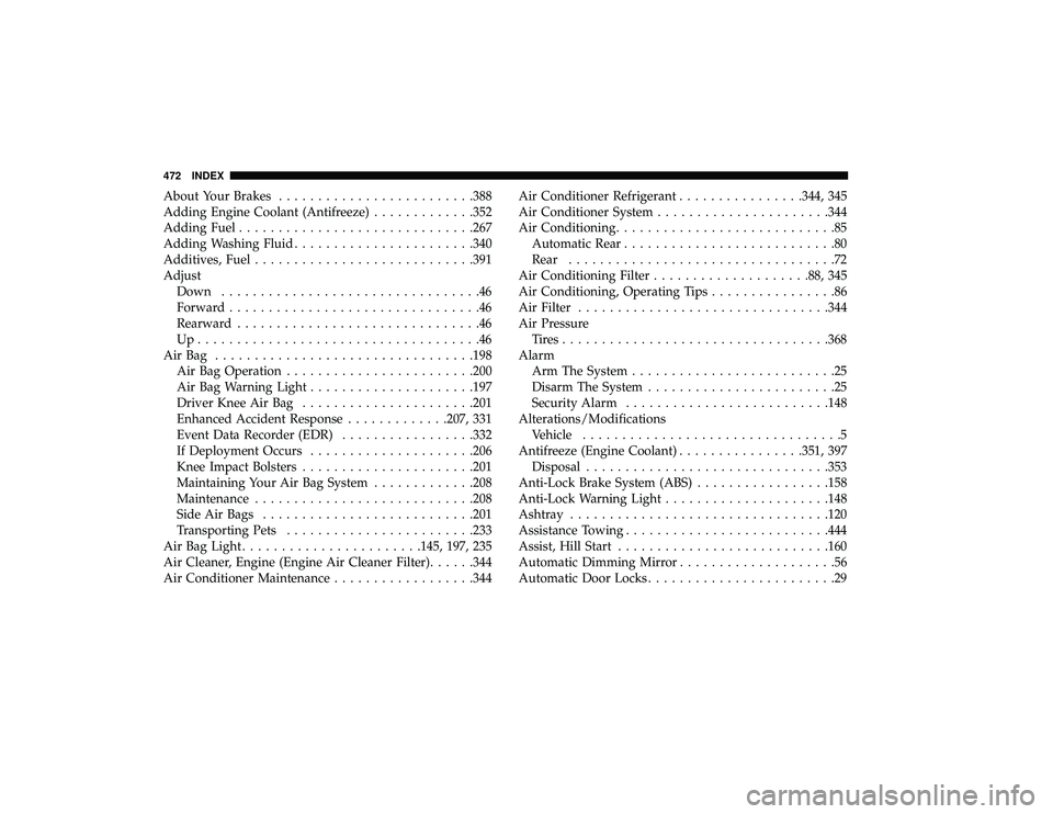 DODGE GRAND CARAVAN 2019  Owners Manual About Your Brakes........................ .388
Adding Engine Coolant (Antifreeze) .............352
Adding Fuel ............................. .267
Adding Washing Fluid ...................... .340
Addit