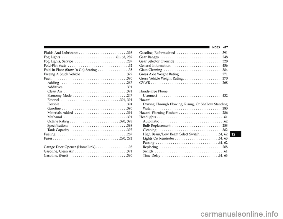 DODGE GRAND CARAVAN 2019  Owners Manual Fluids And Lubricants...................... .398
Fog Lights ......................... .61, 63, 289
Fog Lights, Service ........................ .289
Fold-Flat Seats .............................32
Fol