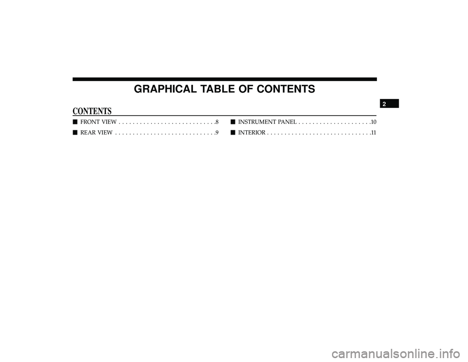 DODGE GRAND CARAVAN 2019  Owners Manual GRAPHICAL TABLE OF CONTENTS
CONTENTS
FRONT VIEW ............................8
 REAR VIEW .............................9 
INSTRUMENT PANEL .....................10
 INTERIOR ........................