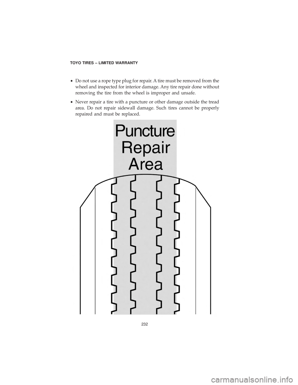 DODGE GRAND CARAVAN 2019 Vehicle Warranty •Do not use a rope type plug for repair. A tire must be removed from the
wheel and inspected for interior damage. Any tire repair done without
removing the tire from the wheel is improper and unsafe DODGE GRAND CARAVAN 2019 Vehicle Warranty •Do not use a rope type plug for repair. A tire must be removed from the
wheel and inspected for interior damage. Any tire repair done without
removing the tire from the wheel is improper and unsafe