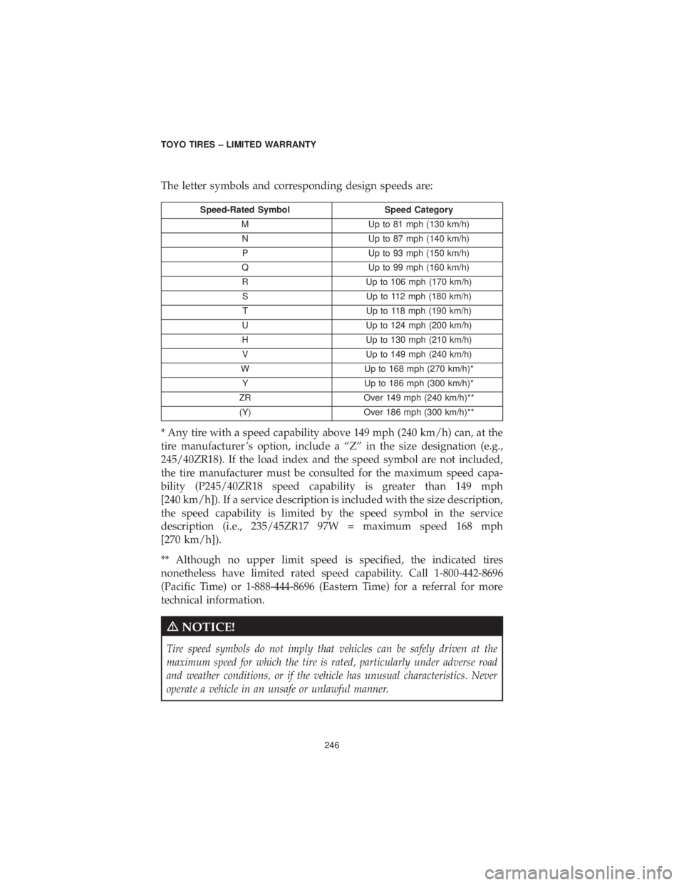 DODGE GRAND CARAVAN 2019 Vehicle Warranty The letter symbols and corresponding design speeds are:
Speed-Rated SymbolSpeed Category
M Up to 81 mph (130 km/h)
N Up to 87 mph (140 km/h)
P Up to 93 mph (150 km/h)
Q Up to 99 mph (160 km/h)
R Up to DODGE GRAND CARAVAN 2019 Vehicle Warranty The letter symbols and corresponding design speeds are:
Speed-Rated SymbolSpeed Category
M Up to 81 mph (130 km/h)
N Up to 87 mph (140 km/h)
P Up to 93 mph (150 km/h)
Q Up to 99 mph (160 km/h)
R Up to