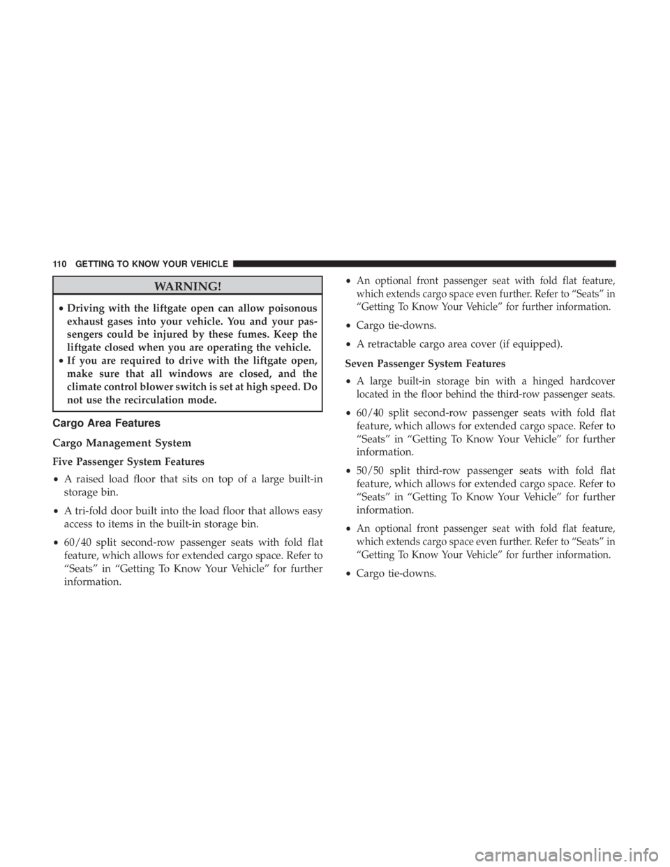 DODGE JOURNEY 2019 Owners Manual WARNING!
•Driving with the liftgate open can allow poisonous
exhaust gases into your vehicle. You and your pas-
sengers could be injured by these fumes. Keep the
liftgate closed when you are operati DODGE JOURNEY 2019 Owners Manual WARNING!
•Driving with the liftgate open can allow poisonous
exhaust gases into your vehicle. You and your pas-
sengers could be injured by these fumes. Keep the
liftgate closed when you are operati