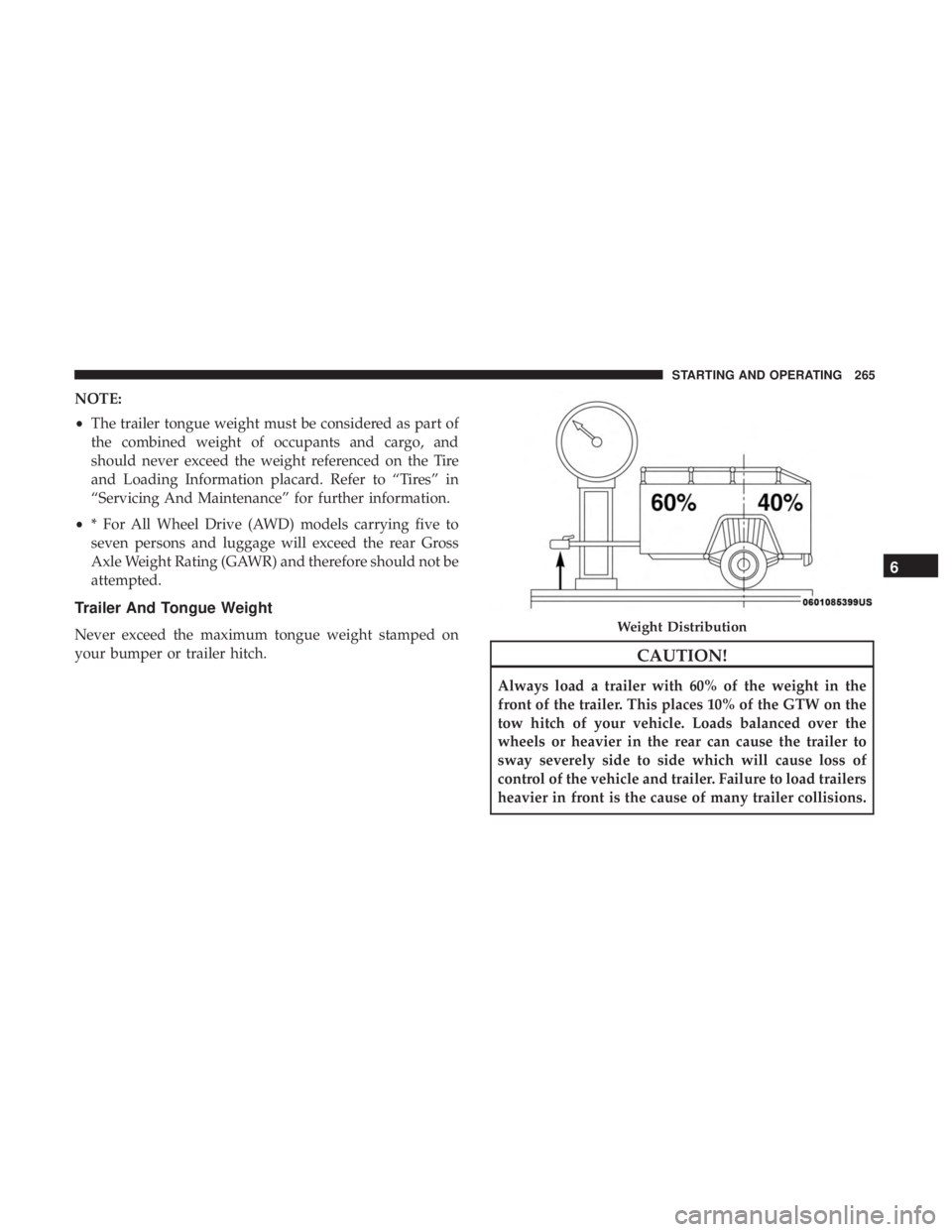 DODGE JOURNEY 2019  Owners Manual NOTE:
•The trailer tongue weight must be considered as part of
the combined weight of occupants and cargo, and
should never exceed the weight referenced on the Tire
and Loading Information placard. 