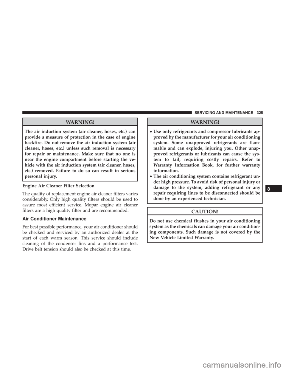 DODGE JOURNEY 2019 Owners Manual WARNING!
The air induction system (air cleaner, hoses, etc.) can
provide a measure of protection in the case of engine
backfire. Do not remove the air induction system (air
cleaner, hoses, etc.) unles DODGE JOURNEY 2019 Owners Manual WARNING!
The air induction system (air cleaner, hoses, etc.) can
provide a measure of protection in the case of engine
backfire. Do not remove the air induction system (air
cleaner, hoses, etc.) unles