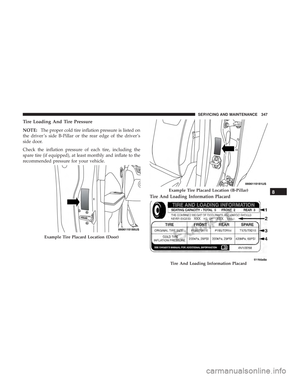 DODGE JOURNEY 2019  Owners Manual Tire Loading And Tire Pressure
NOTE:The proper cold tire inflation pressure is listed on
the driver ’s side B-Pillar or the rear edge of the driver’s
side door.
Check the inflation pressure of eac