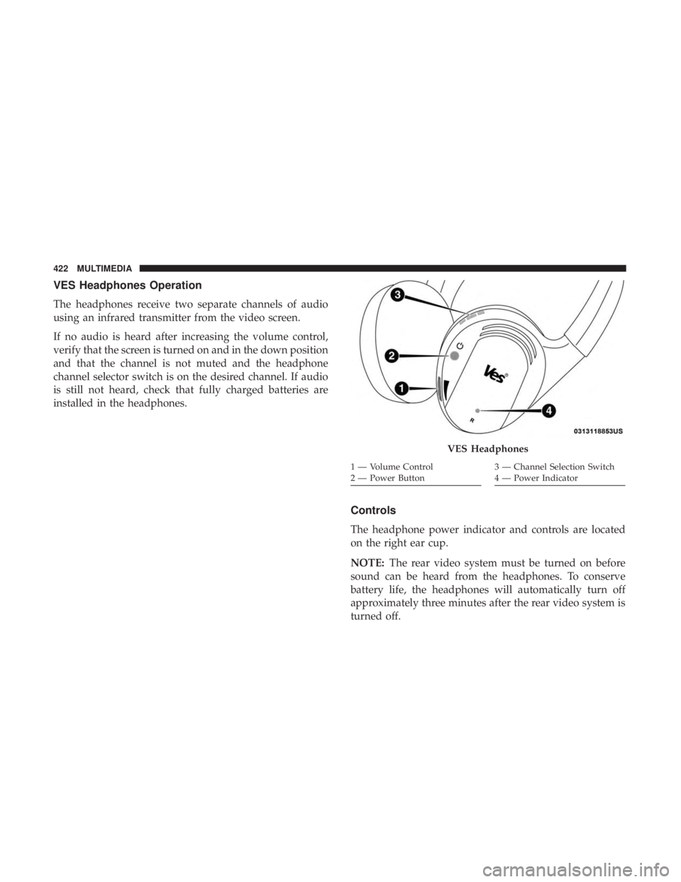 DODGE JOURNEY 2019  Owners Manual VES Headphones Operation
The headphones receive two separate channels of audio
using an infrared transmitter from the video screen.
If no audio is heard after increasing the volume control,
verify tha