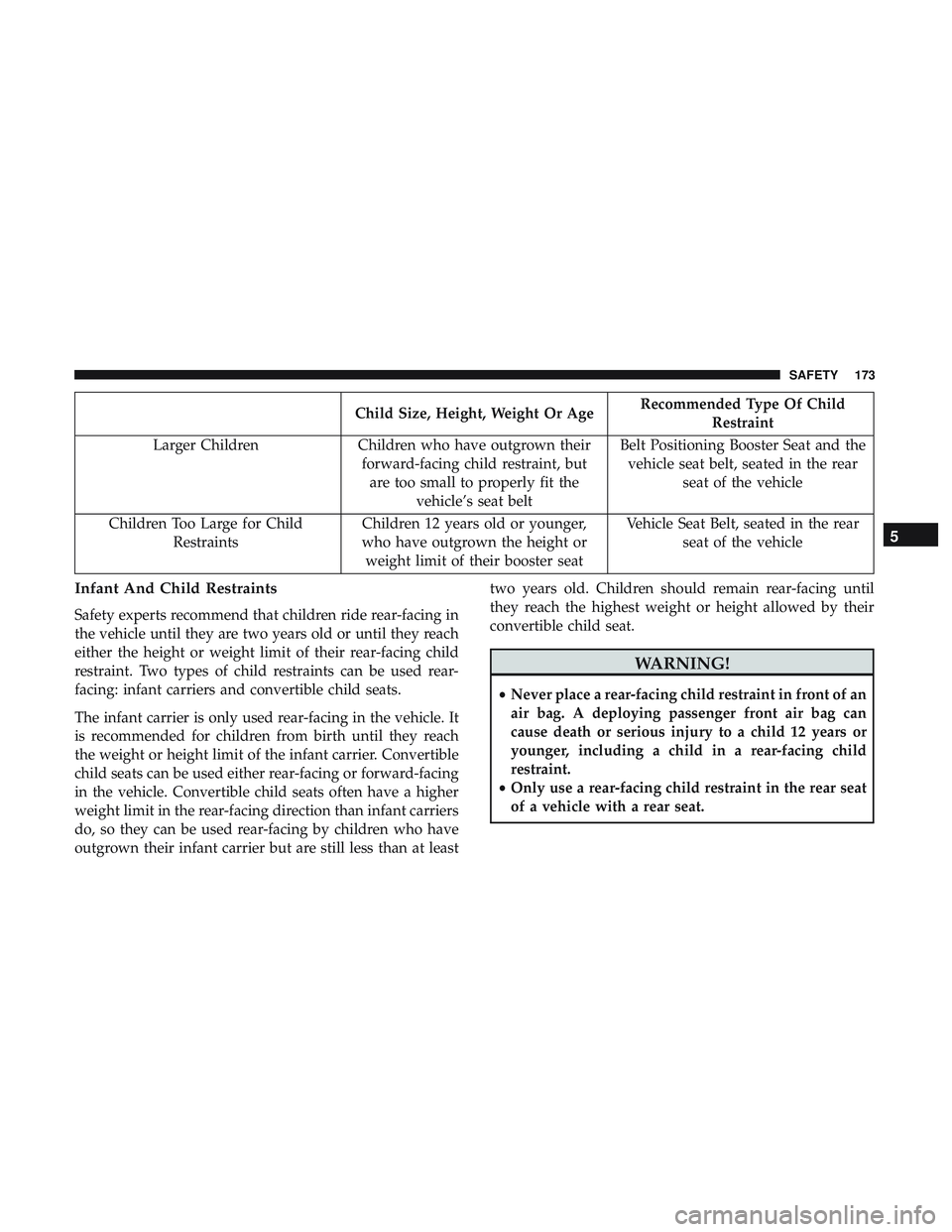 DODGE CHALLENGER 2018  Owners Manual Child Size, Height, Weight Or AgeRecommended Type Of Child
Restraint
Larger Children Children who have outgrown their
forward-facing child restraint, but are too small to properly fit the vehicle’s 